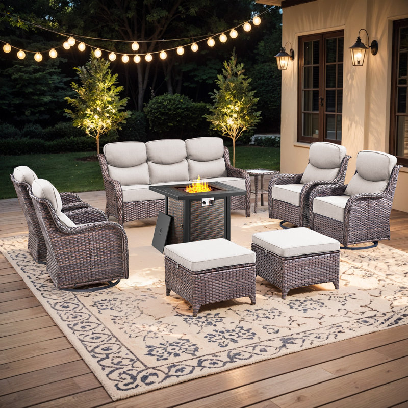 Polygala 9-Piece All-Weather Outdoor Wicker Patio Square Metal Fire Pit Table Conversation Set With 4 Swivel Gliders, Ottomans And Side Table