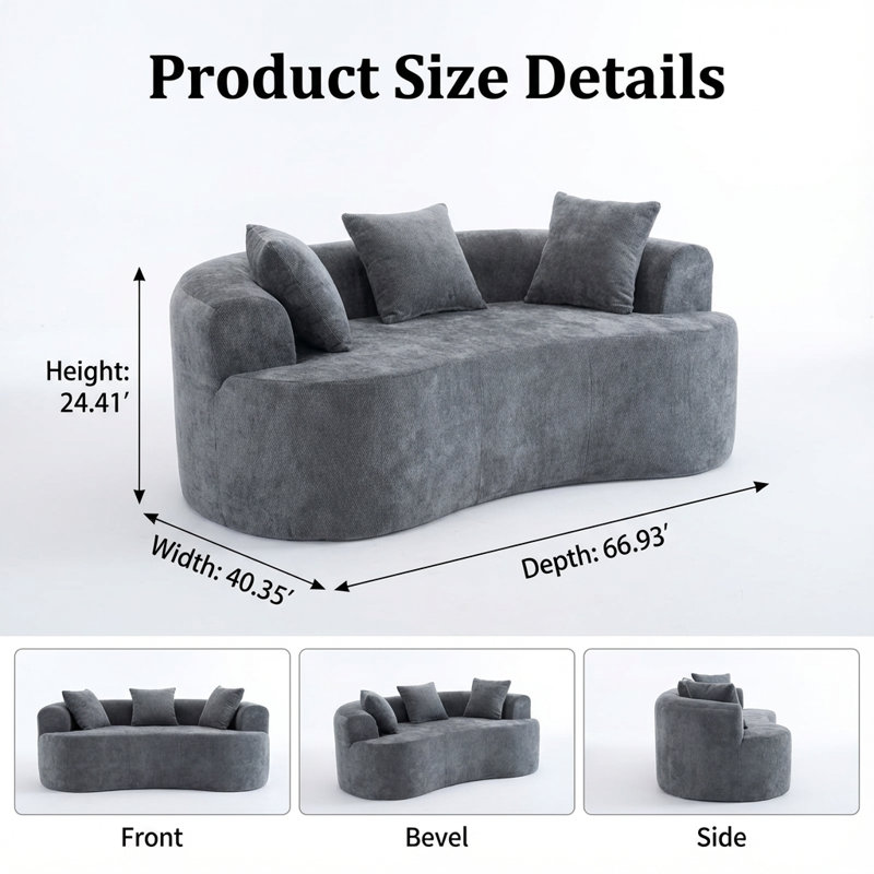 Boneless Contemporary Crescent-Shaped Two-Seater Sofa with Deep Cushions and Low-Back Design, Gray