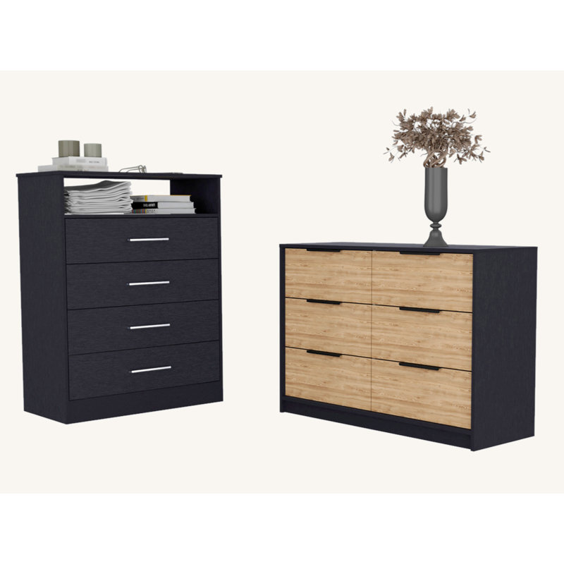 Ensemble de chambre à coucher 2 pièces, commode et commode, noir et pin