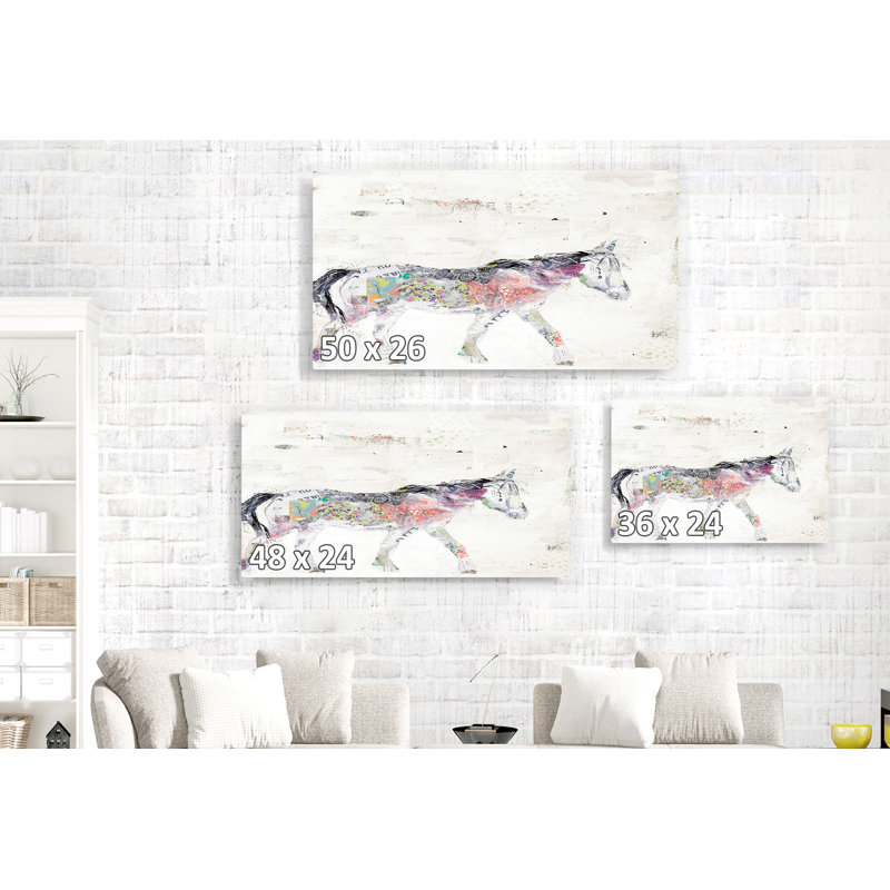 Collage de chevaux, pinto sauvage, rouge, jaune, vert, mauve, crème, blanc, H 26 po x l 50 po x P 1,5 po