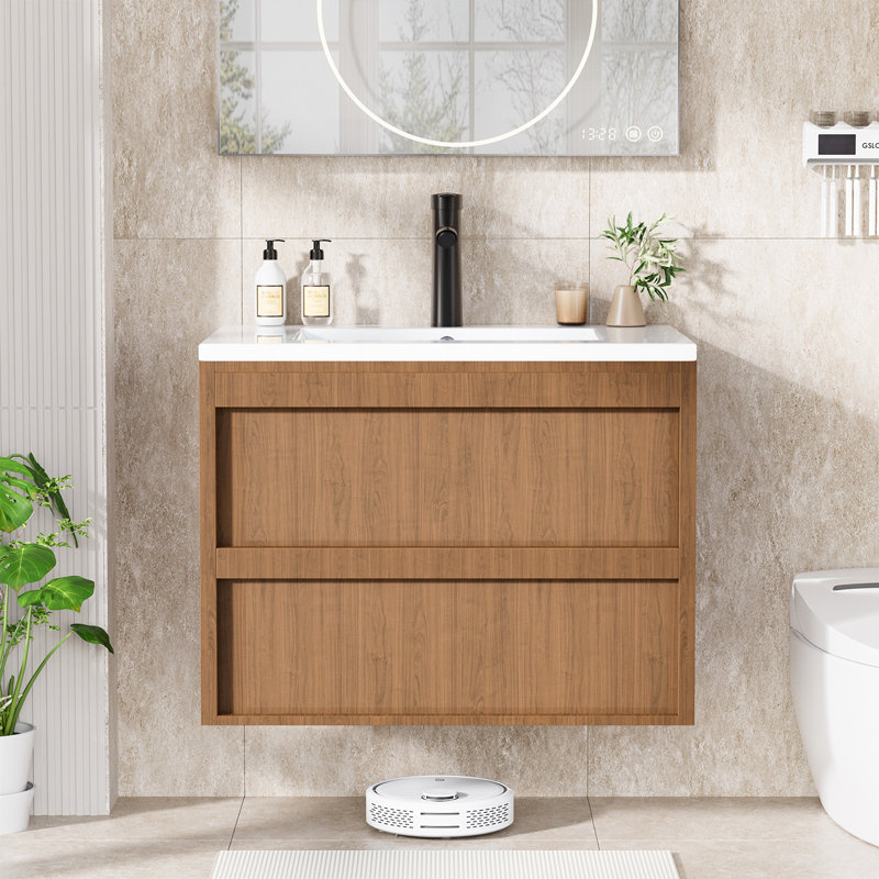 Meuble-lavabo mural de 24 po avec lavabo â€“ Meuble-lavabo suspendu dotÃ© de 2 tiroirs de rangement spacieux, comprenant un lavabo en cÃ©ramique blanche, un robinet et un siphon