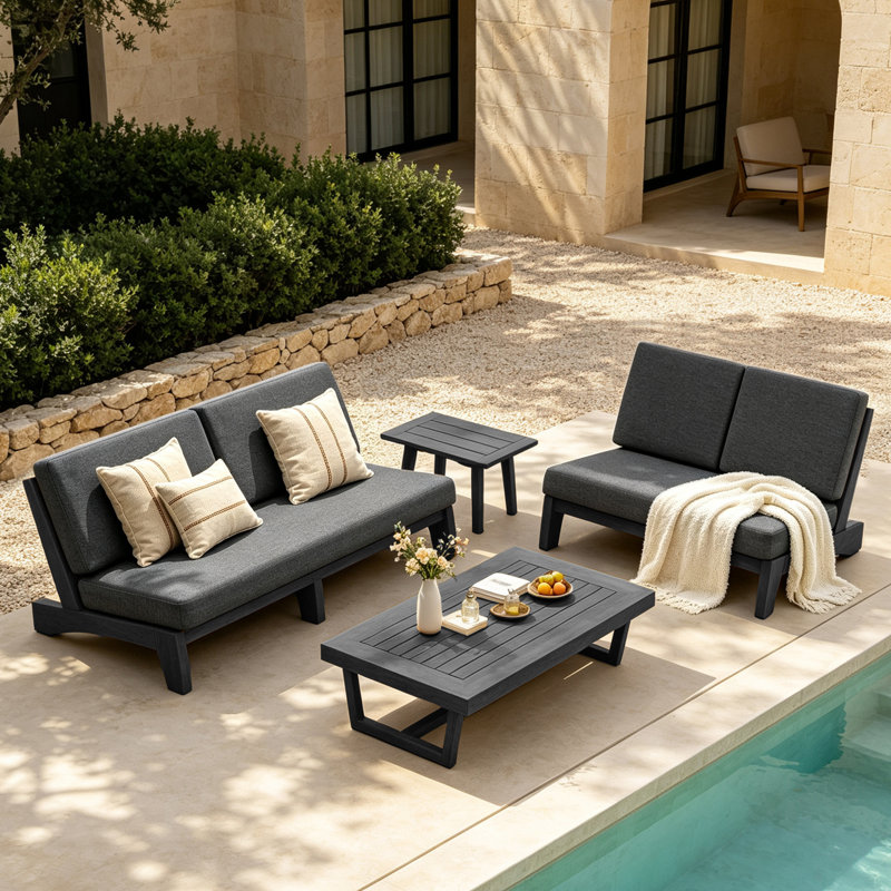 Ensemble de conversation extérieur Polett en bois massif, 4 Pcs: 2 Tables, Loveseats, Sofa, Gris foncé, Black