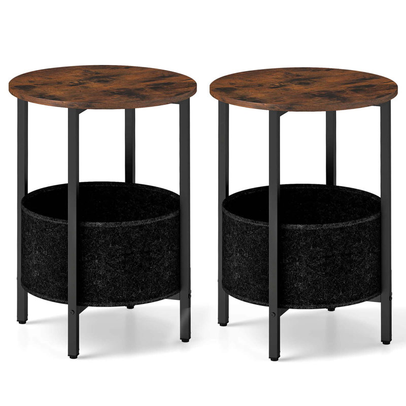  Table de bout ronde 2 pièces avec panier de rangement en feutre Structure en métal robuste pour chambre à coucher