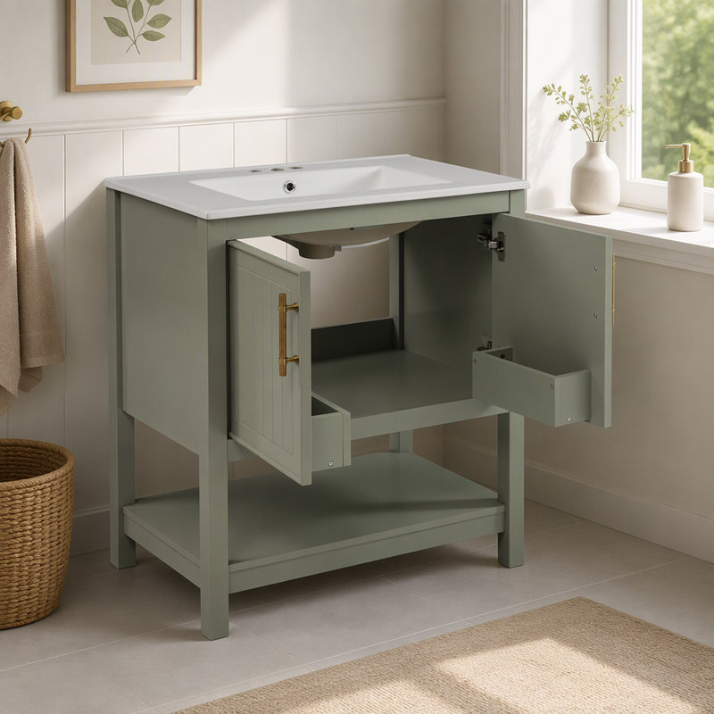 Bathroom Vanity With Ceramic Sink And Versatile Storage - Ideal For Small Bathrooms, Green