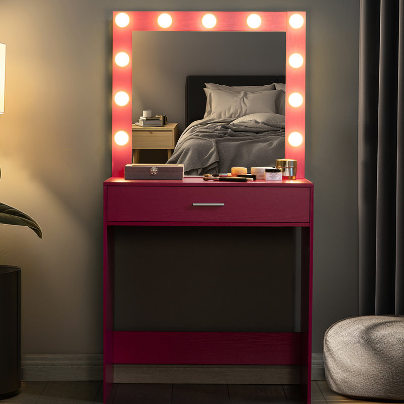 Pink Bedroom Vanity Desk With Mirror, Lights And Large Drawer, Adjustable Brightness 3 Lighting Modes, Tender Unique Brightness, Use