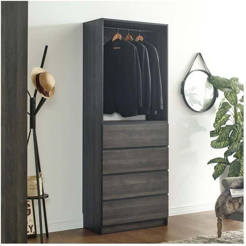  32 Inch Gray Wood Walk in Closet with Four Drawers for Closet Room Storage, Black