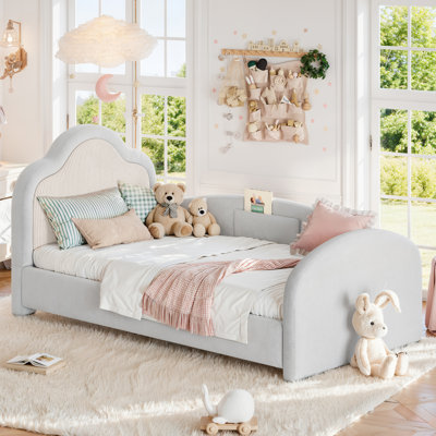 Lit simple tapissier à tête de lit courbée, lit d'enfant rembourré avec rails de sécurité latéraux et poche de rangement, lit de jeu pour chambre d'enfant, gris clair