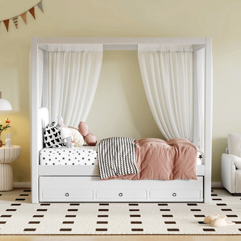 Upholstered Canopy Platform Bed with Trundle and Storage Drawers, a Stylish and Functional Choice for Your Bedroom, Beige