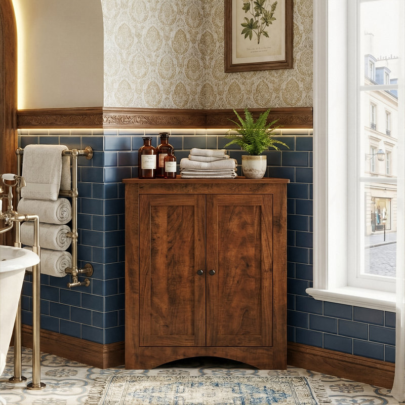Modern Waterproof Corner Storage Cabinet, Sturdy MDF Triangle Floor Cabinet With Doors For Bathroom & Kitchen, Brown