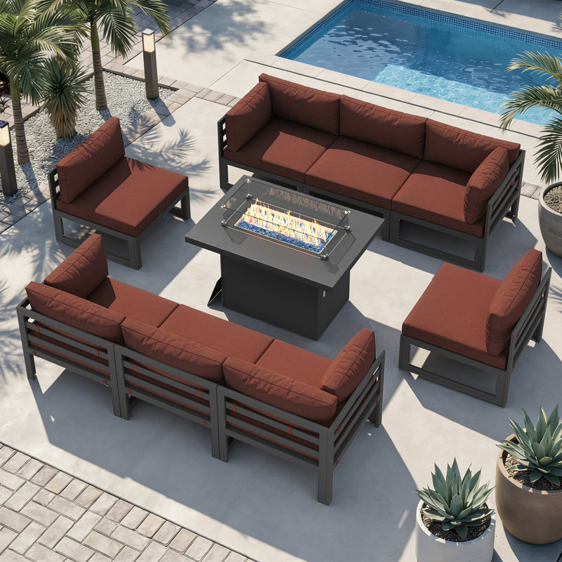 Anevaeh 8-Person Outdoor Patio All-Aluminum Sectional Conversation Set with Fire Pit Table and Cushions, Red