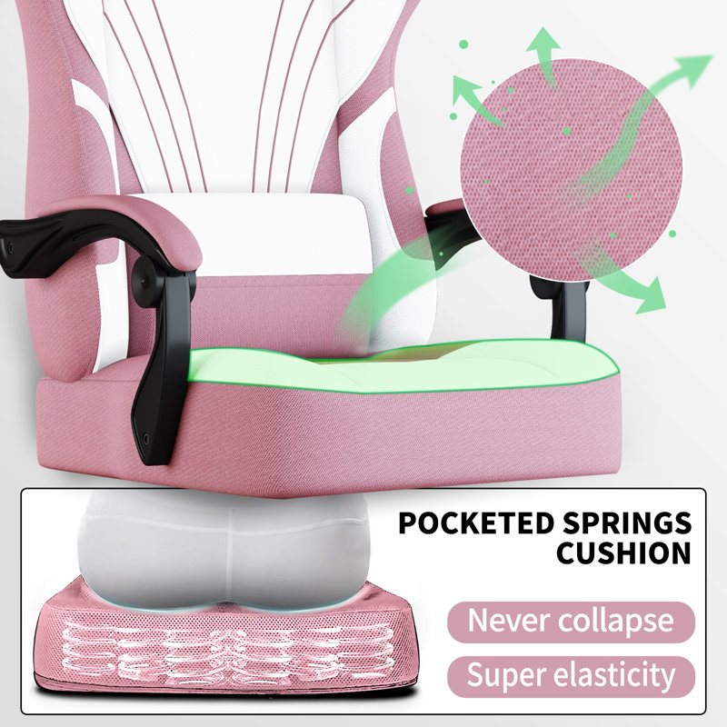 Fabric Gaming Chair with Footrest&Lumbar Support, Ergonomic High-Back, Pink