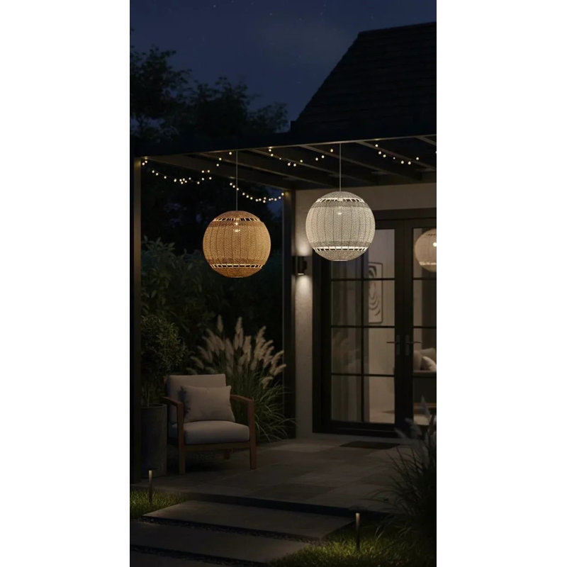 Bali Orb 19" White Rattan Pendant, White, White