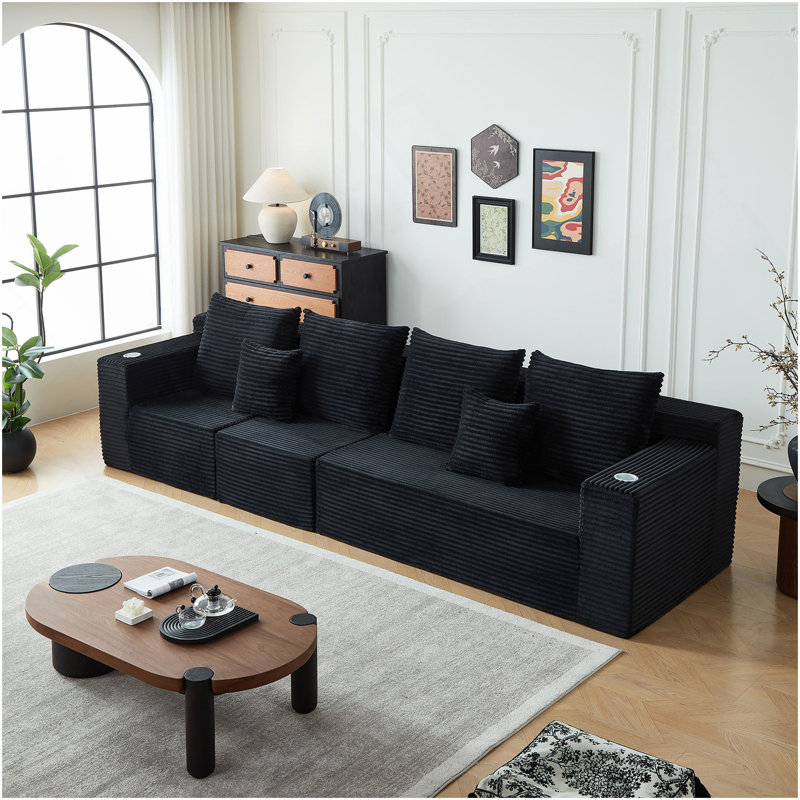 Canapé modulaire profond en velours côtelé avec porte-gobelets, aucun assemblage requis, H 30 po x l 137 po x P 40,5 po, Noir