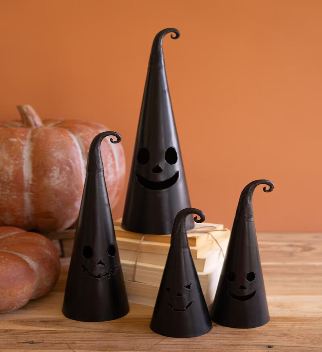  2xSet of 4 Jack-O'-Lantern Witch Hat Lanterns for Halloween Décor - 16.5"H
