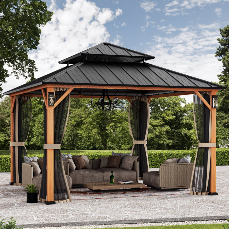 Pavillon de jardin à toit rigide 12 pi x 12 pi Hamilton avec lumières solaires auto-alimentées, moustiquaire et crochet pour auvent