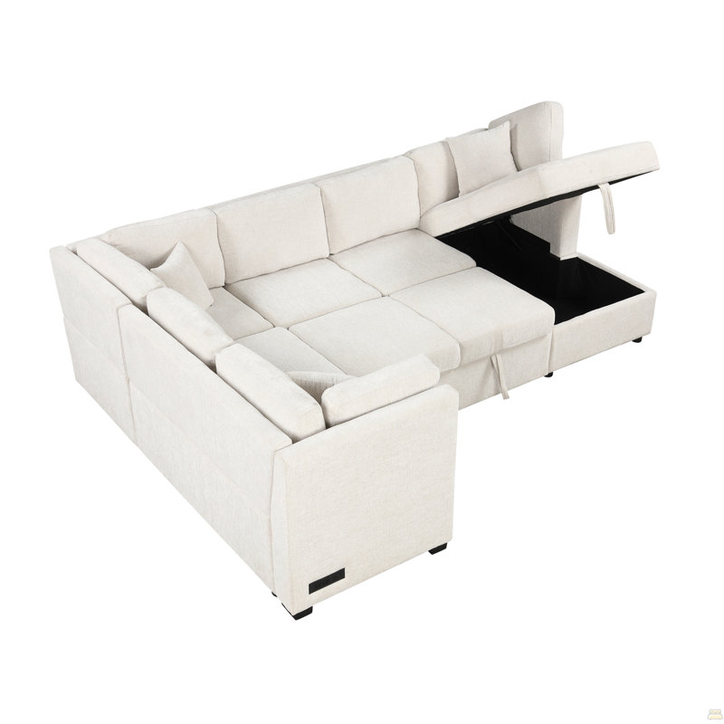 108.6" U-Shaped Sectional Sofa Pull Out Sofa Bed With Two USB Ports, Two Power Sockets