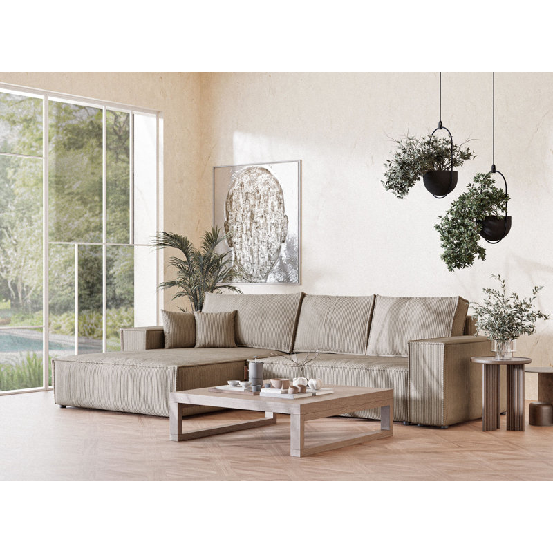 5 Seater Fabric Corner Sofa , Beige Velvet, Left Hand Facing