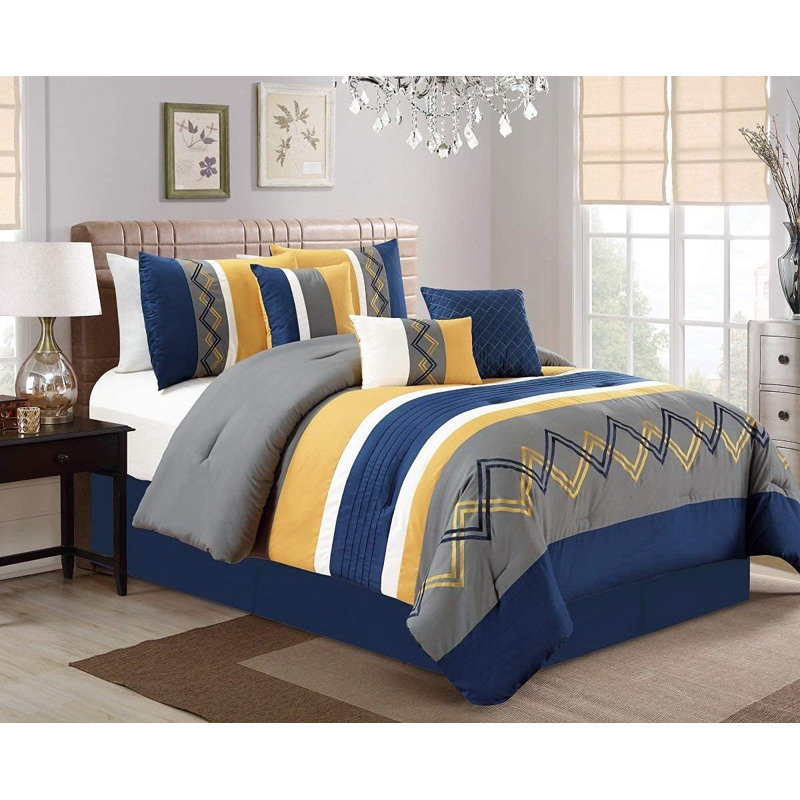 Microfiber Modern & Contemporary 7 Piece Comforter Set, Queen Comforter + 6 Additional Pieces, Navy Blue/Gray/Yellow/White