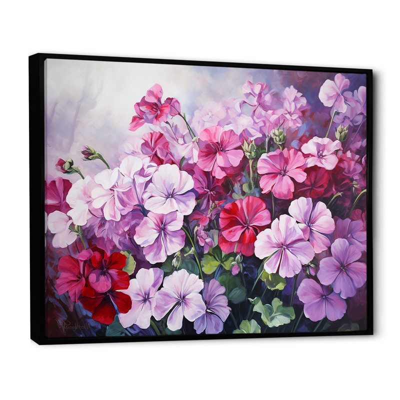Nature morte aux géraniums roses, Cadre flottant noir, H 30 po x l 40 po x P 1,5 po