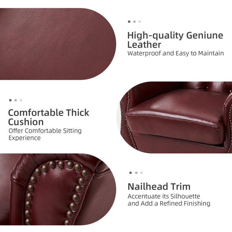 Dilane Traditional Genuine Leather Armchair with Solid Wood Legs, Burgundy Genuine Leather