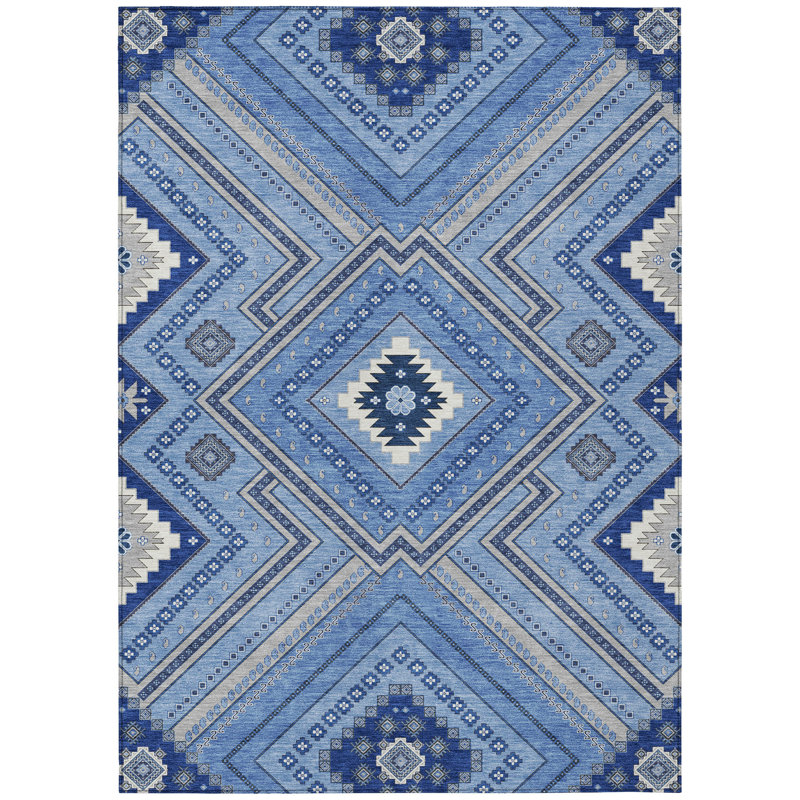Blue Tribal Pattern Washable Synthetic 8' x 10' Rug