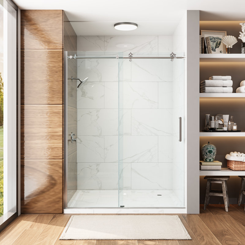 Oceanus 55" - 59" W x 75" H Single Sliding Frameless Shower Door with Clear Glass, Brushed Nickel