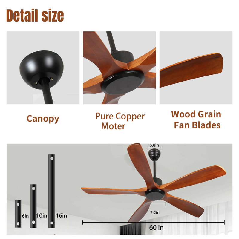 60 Inch Wood Ceiling Fan No Light With Remote Control, Low Profile Ceiling Fan Without Light,Noiseless Reversible Dc Motor With Timer