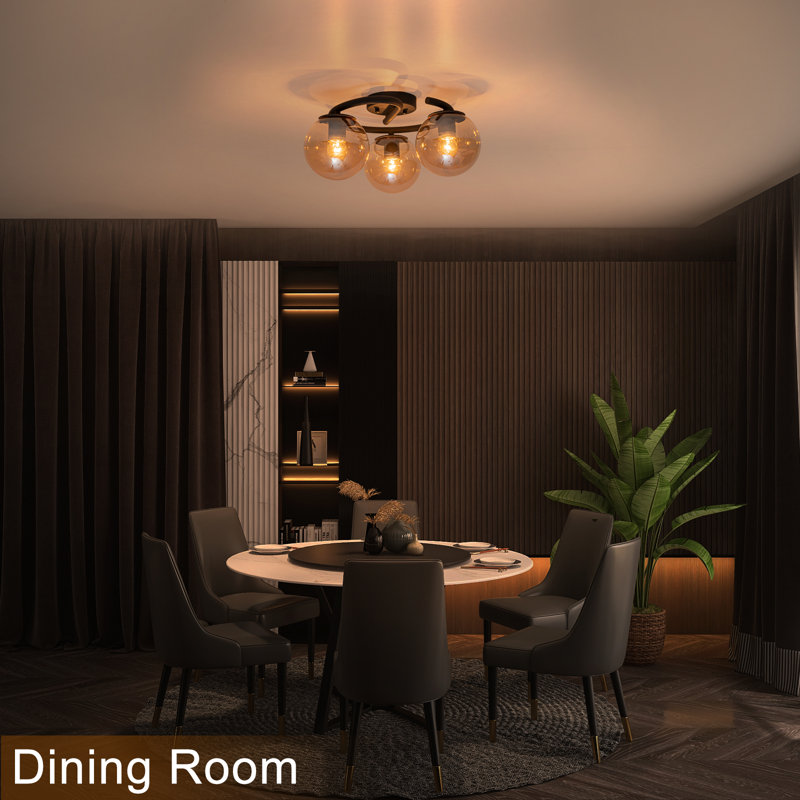 3-Light Amber Globe Semi-Flush Mount Ceiling Light With Glass Shades, Matte Black Curved Bracket, 17" Wide Modern Cluster Fixture, E26 Base, ETL Listed - Industrial Vintage Style For Dining Room Living Room Foyer