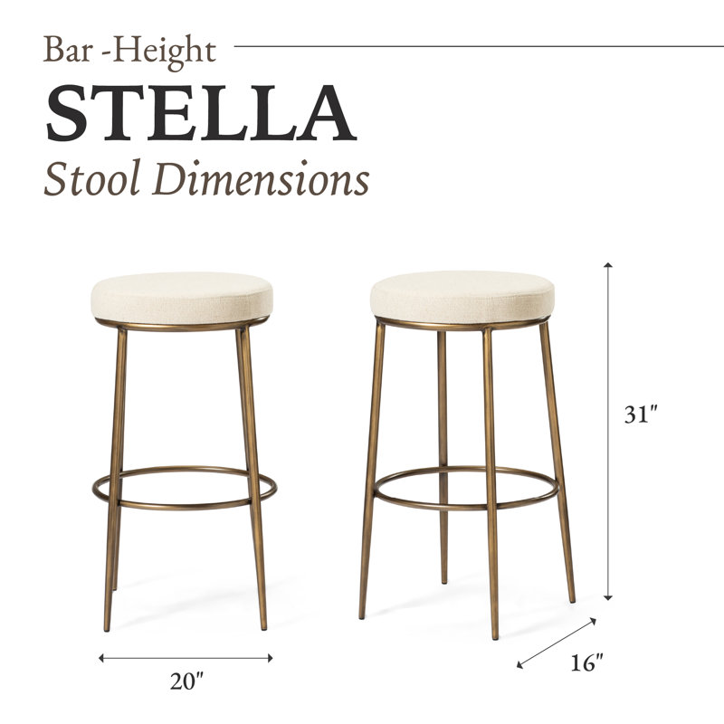 Maven Lane Stella Stool with Fabric Upholstery, Bar Stool (30.51" Seat Height), Light Beige Seat/Antiqued Brass Frame