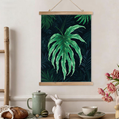 Tropical Green Leaf Foliage, Hanging Scroll Wall Art, Built-In Wooden Hanger, 16W X 24L