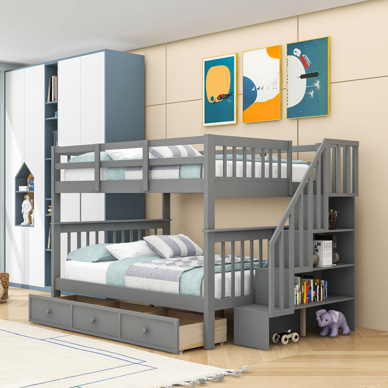  Lit superposé double en bois avec tiroirs et escalier Dila, gris