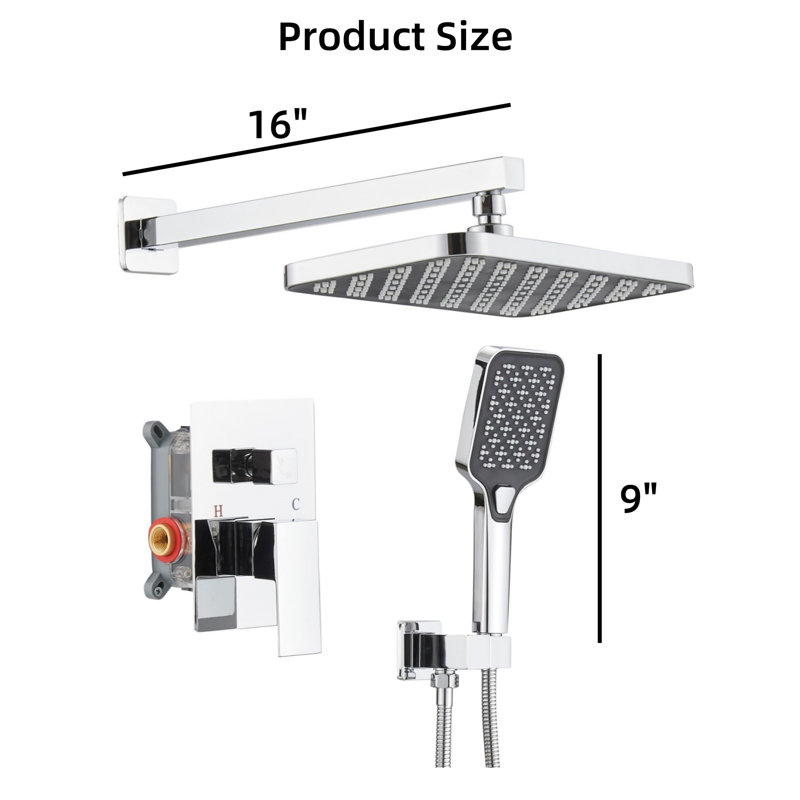 Polished Chrome Double-Handle Double-Spray 12-Inch Square High-Pressure Shower Faucet (With Valve), Stainless Steel