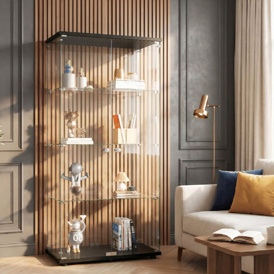 4-Tier Double Door Glass Display Cabinet,  Large Floor Standing Curio Cabinet with Toughened Glass, Optional LED Lighting, Black / White