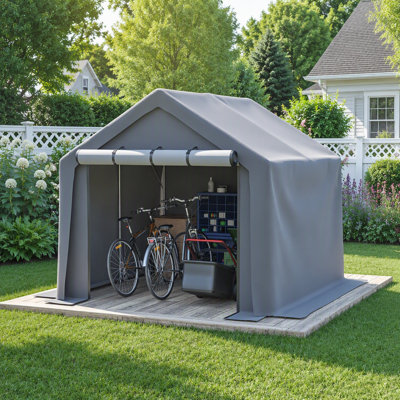 Abri d'extérieur polyvalent 8 x 8 pi imperméable et résistant aux rayons UV avec portes enroulables pour un rangement et une protection polyvalents