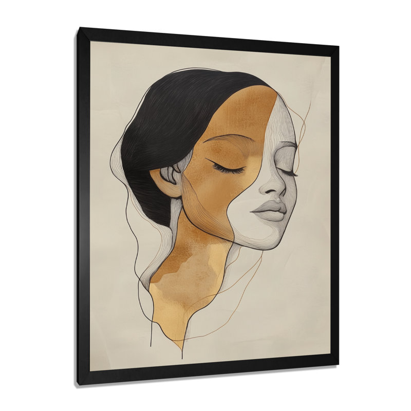 Figure en ligne II - Portrait moderne beige encadré, 20" H x 12" W, Cadre photo noir