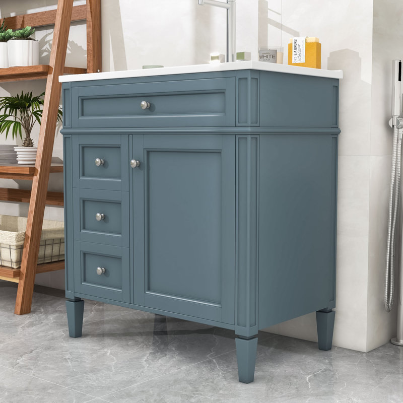 Bathroom Vanity with Top Sink, 2 Drawers and a Tip-out Drawer, Blue