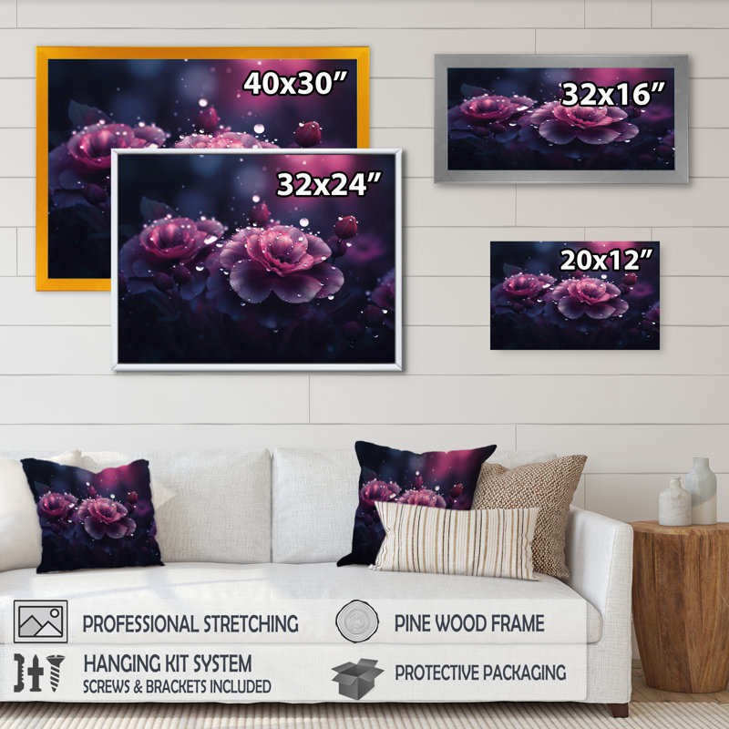 «Mauve Serene Magnolias II», reproduction sur toile encadrée, H 12 po x l 20 po x P 1 po, Cadre photo noir
