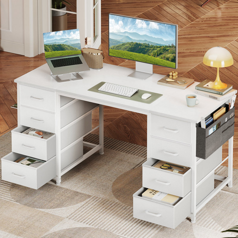 Home Office Desk With 8 Spacious Fabric Drawers, Modern Writing Desk With Sturdy Design, Corner Desk With Reversible Structure