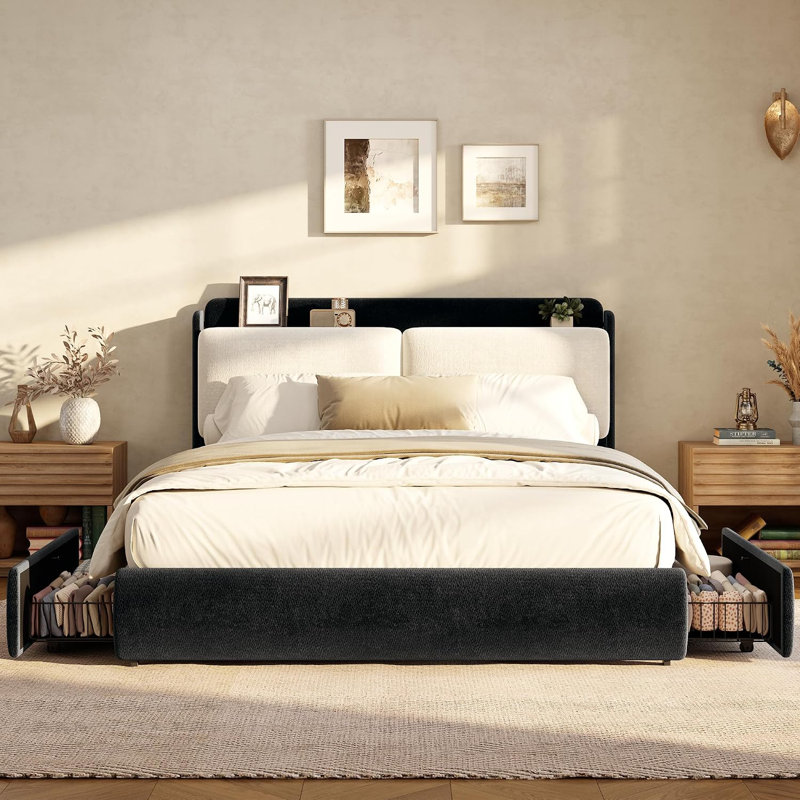 Structure de lit double en tissu chenille avec 2 tiroirs de rangement - Noir | Tête de lit tapissier avec tablette, dossier moelleux et moelleux, coins arrondis, tiroir placé n'importe où