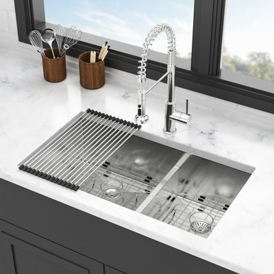 33X19x10" Undermount Double Bowl  60/40  Kitchen Sink Built With 16 - Gauge Stainless Steel, Two 10" Deep Basins, Rear 3.5 Drain For Garbage Disposal Fit, X Grooves Easy Water Disposal, Sound