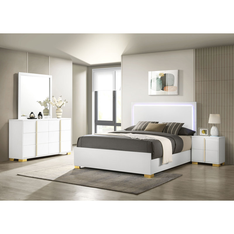 Ensemble de chambre à coucher 5 pièces Sabrielle, Blanc, Double, 4 Pcs: Bed, Nightstand, Dresser, Mirror