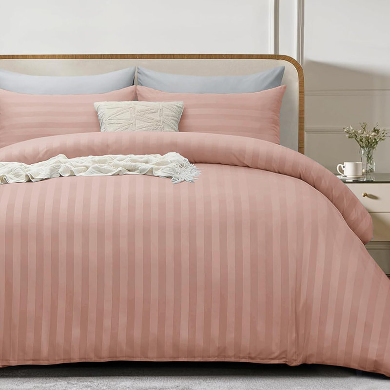 Microfiber Striped Duvet Cover Set with Pillowcases Included, Double Duvet Cover 2 Pillowcases, Blush