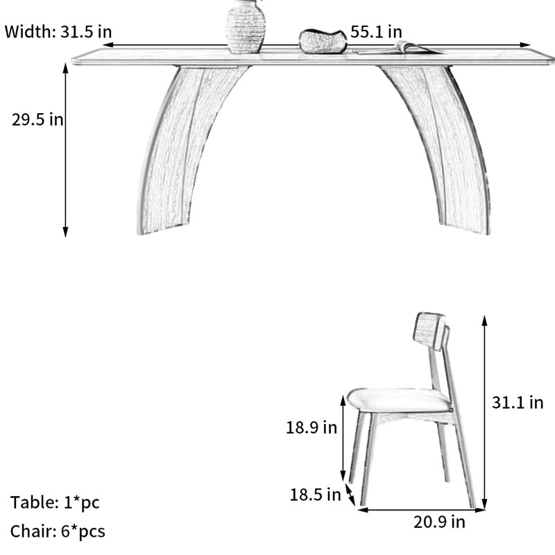 Ensemble de salle à manger en noyer et bois ardoise, H 29,5 po x L 55,1 po x l 31,5 po