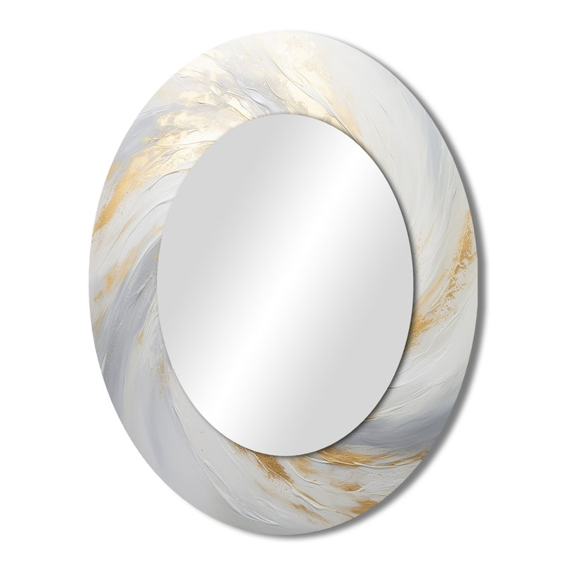 Gold And White Soft Wave Vortex II - Beige Modern Oval Wall Mirror, 43" x 33"