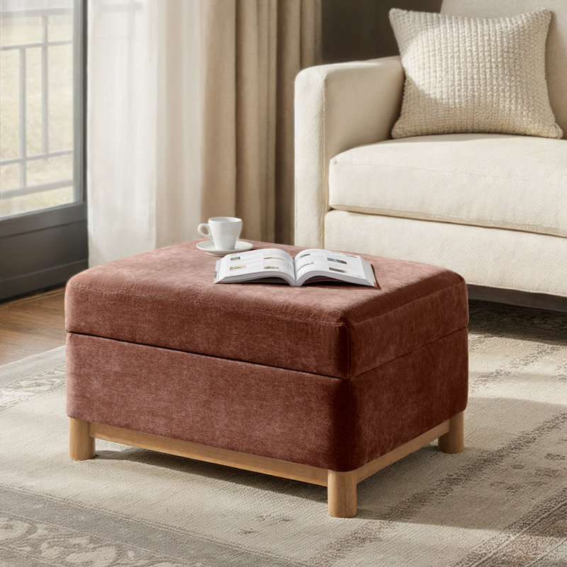 Repose-pieds avec rangement en chenille Elan Modern l 30,25 po avec pieds en bois massif, Rouille