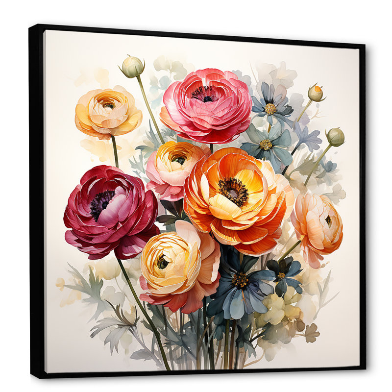 «Colorful Ranunculus Elegance II», art mural Renoncule, H 16 po x l 16 po x P 1 po, Cadre flottant noir