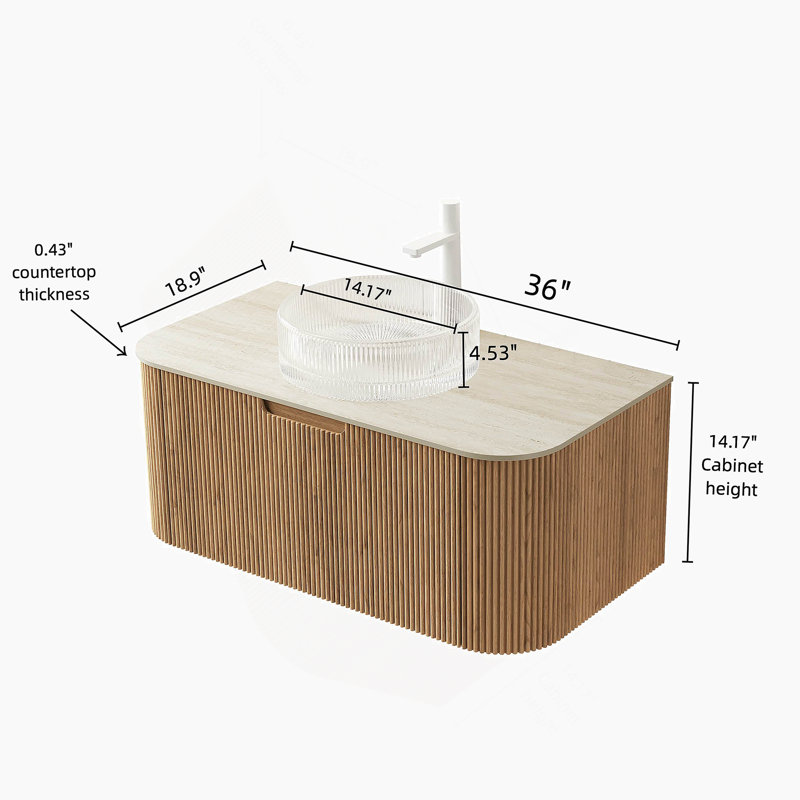 Meuble-lavabo flottant de 36 po avec rebord courbé, rangement en contreplaqué rayé, cuve en céramique blanche et plateau en pierre frittée