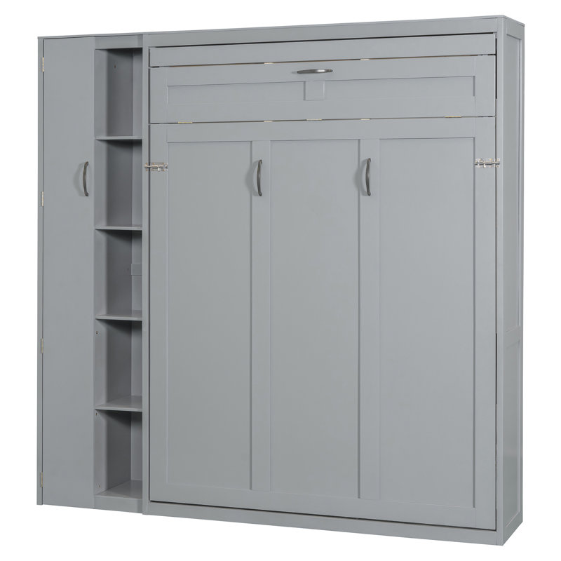 Lit escamotable double pleine grandeur avec tablettes, garde-robe et lumières DEL, gris, Double