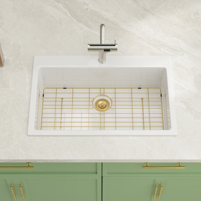 30/33 Inch Drop In Ceramic Kitchen Sink, Fireclay Single Bowl Kitchen Sink with Bottom Grid & Strainer