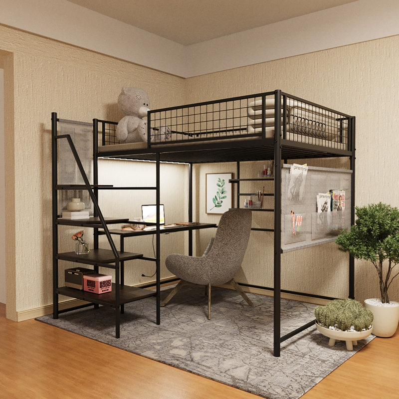 Full Size Loft Bed With Desk, Heavy Duty Metal Loft Bed With Stairs And Charging Station For Small Bedroom, Dormitory, Apartment, Noise Free, Black